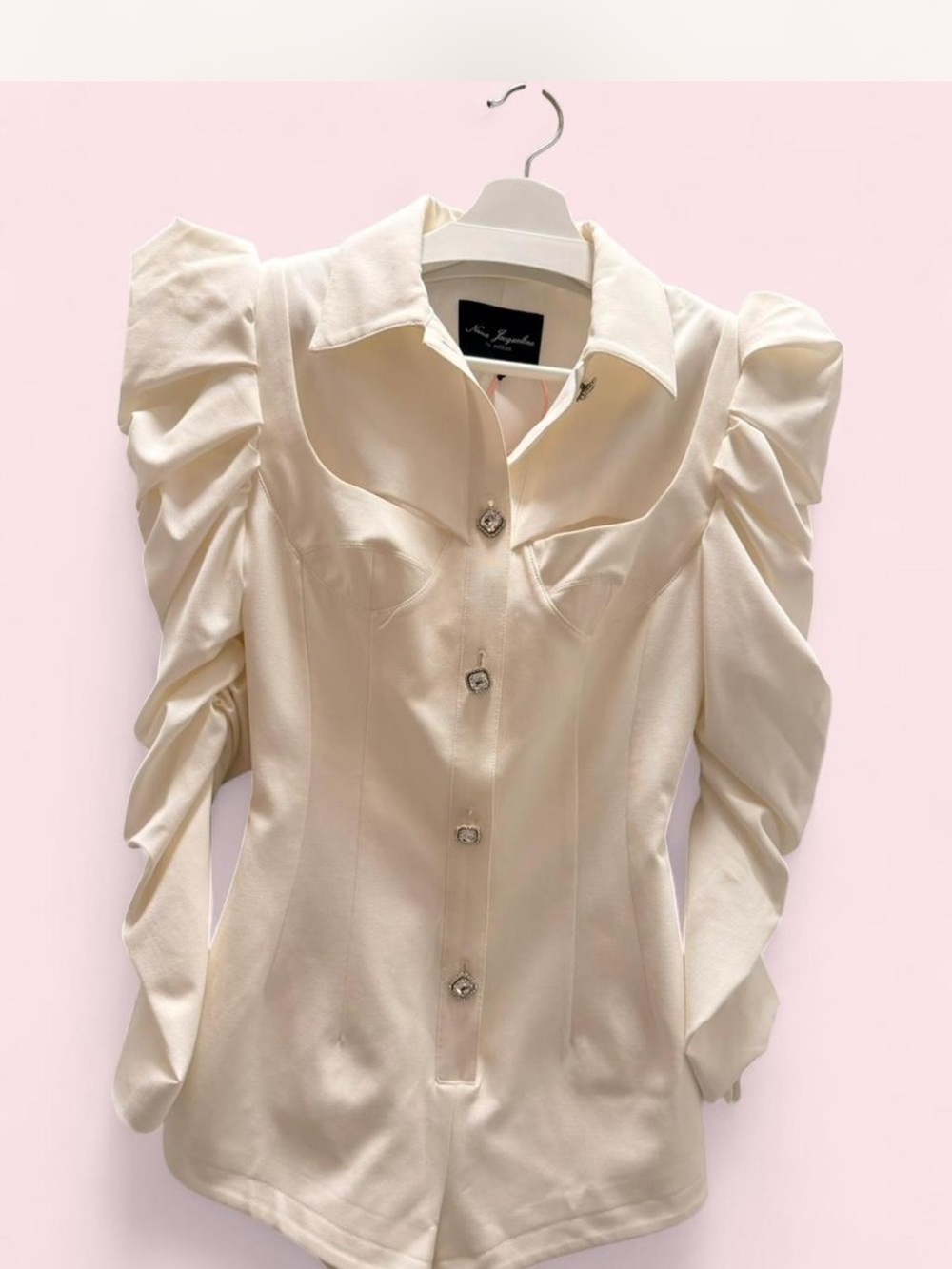 Elegant Cream Puff-Sleeve Button-Front jumpsuit